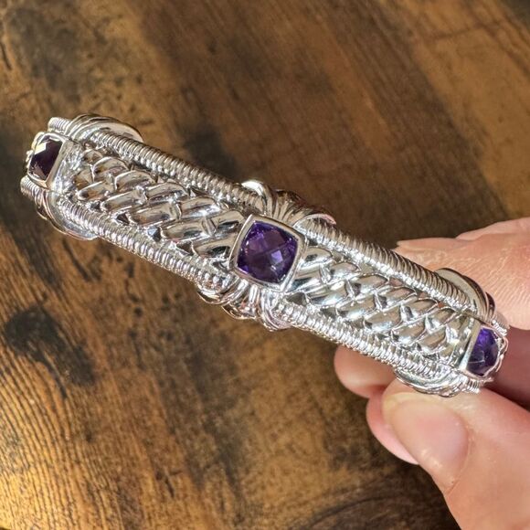 Vintage Judith Ripka Sterling Silver Amethyst Hinged Cuff Bracelet Rope Textured - Picture 4 of 17